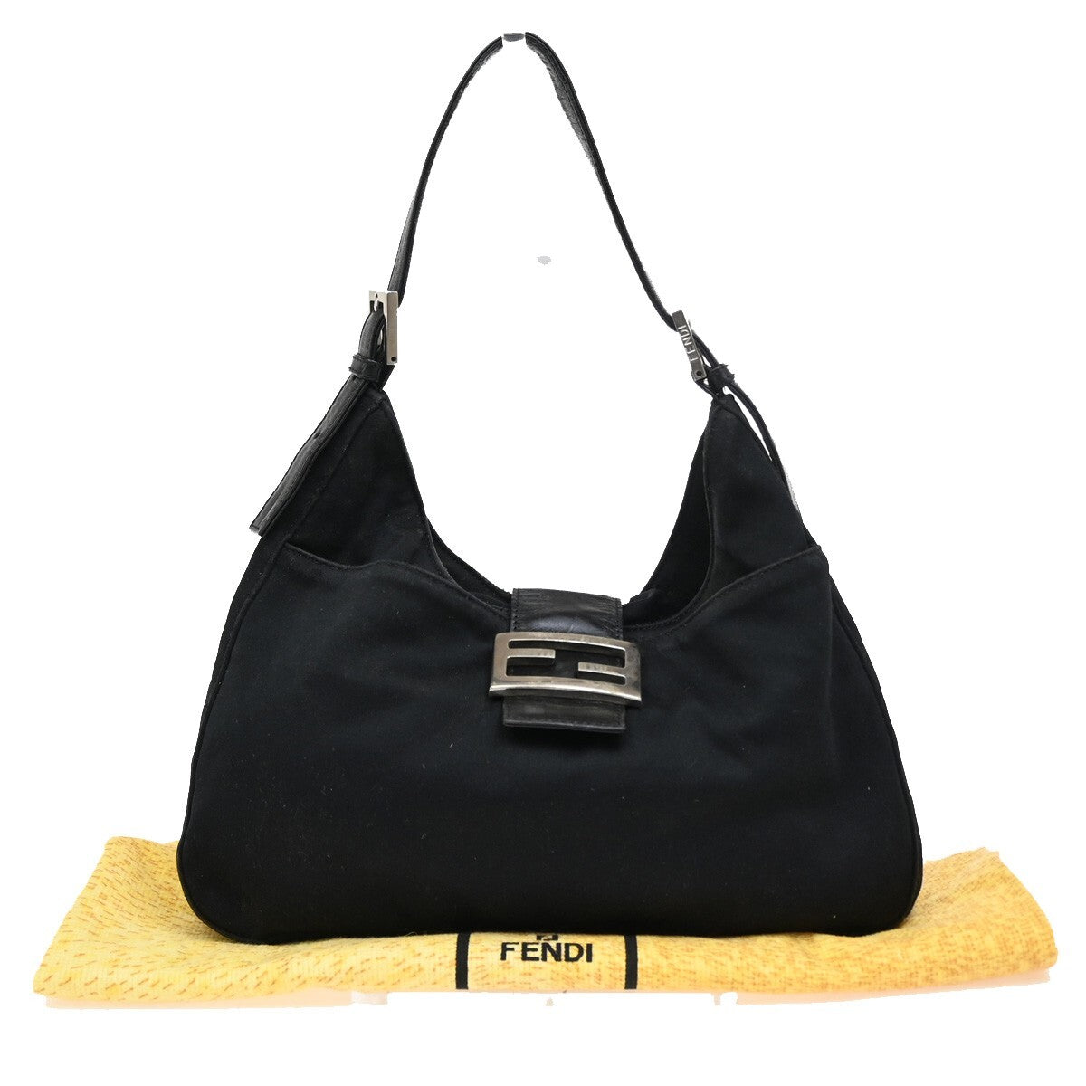 FENDI Logo Hand Bag Canvas Leather Black SHW Made in Italy 80EE527
