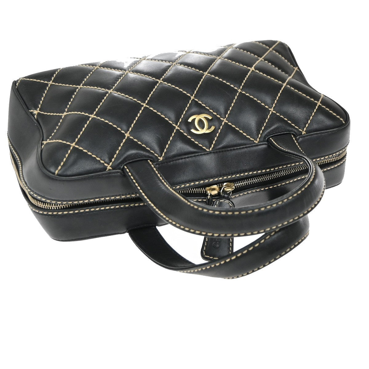 CHANEL CC Logo Wild Stitch Matelasse Hand Tote Bag Leather Black Italy 57RP095