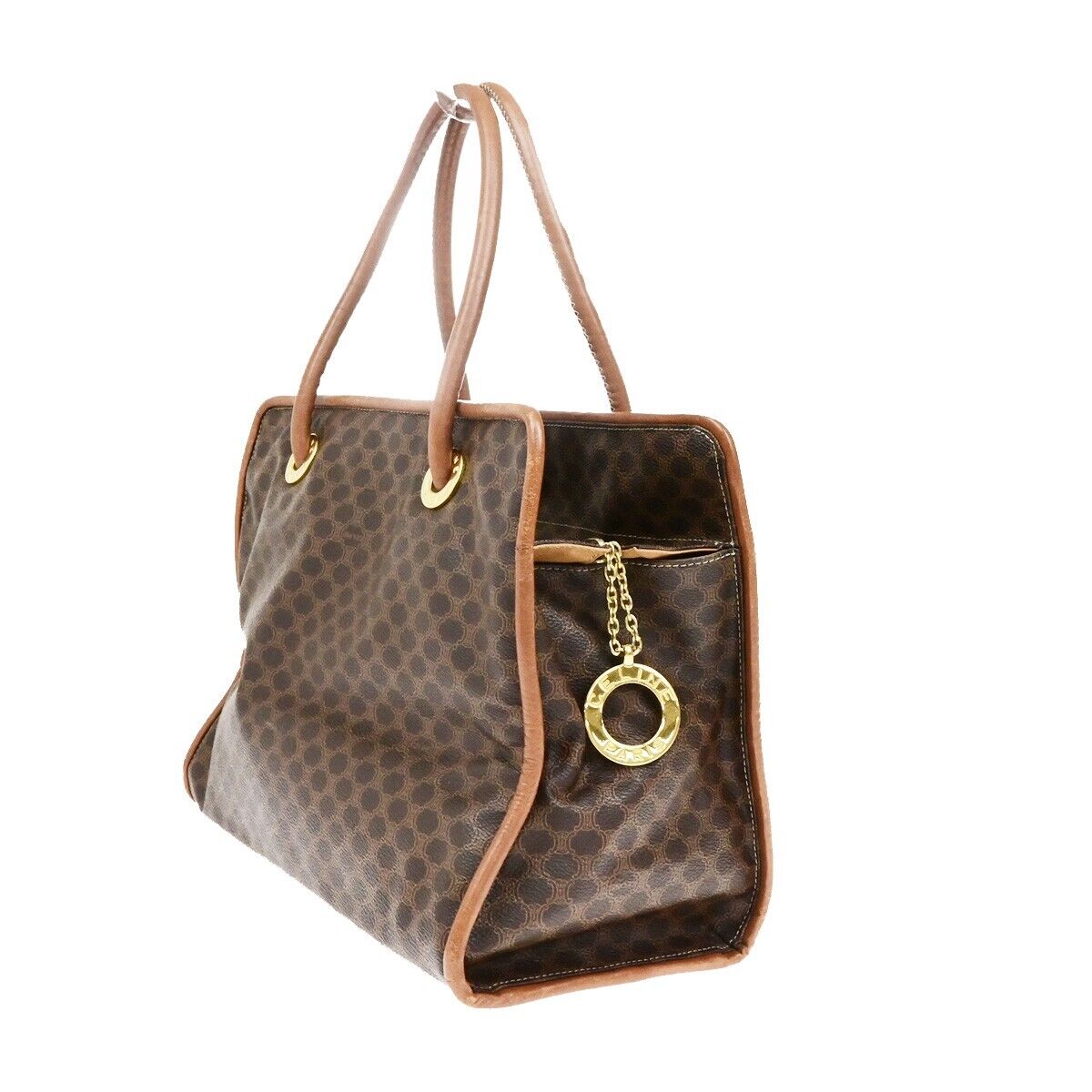 CELINE Circle Logo Macadam Pattern Shoulder Hand Bag PVC Leather Brown 33ED943