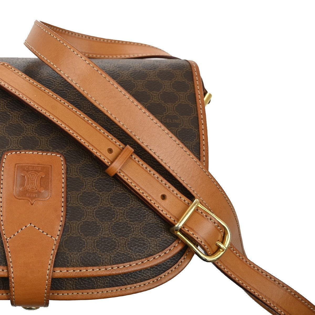 CELINE Logo Macadam Pattern Shoulder Bag PVC Leather Brown GHW Italy 35CA072