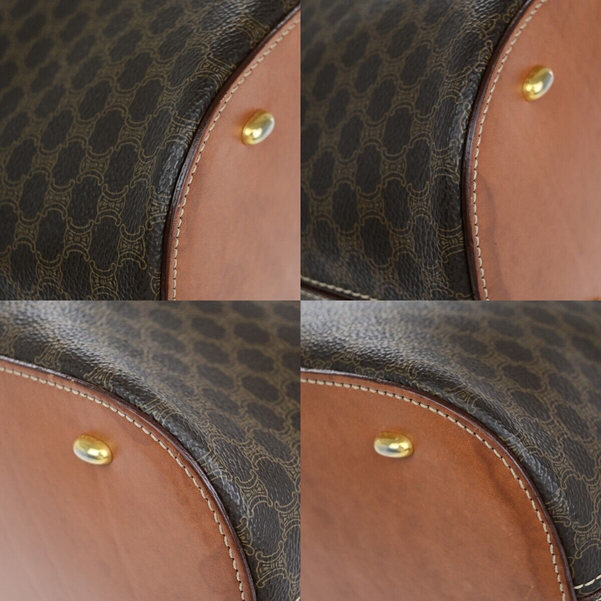 CELINE Logo Macadam Pattern Hand Bag PVC Leather Brown Gold Italy 64EB492