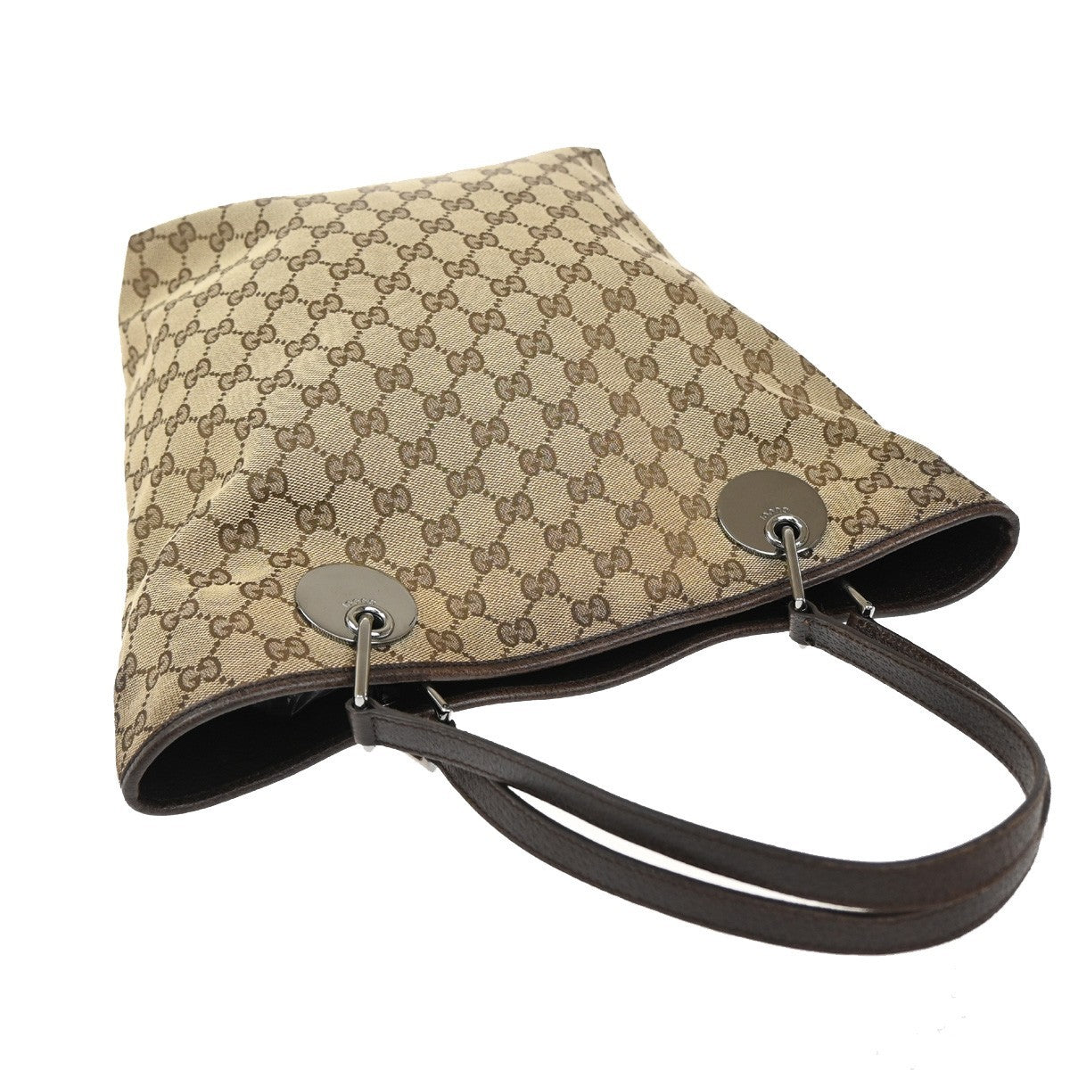 GUCCI Logo GG Pattern Shoulder Bag Canvas Leather Brown Silver Italy 61KB384
