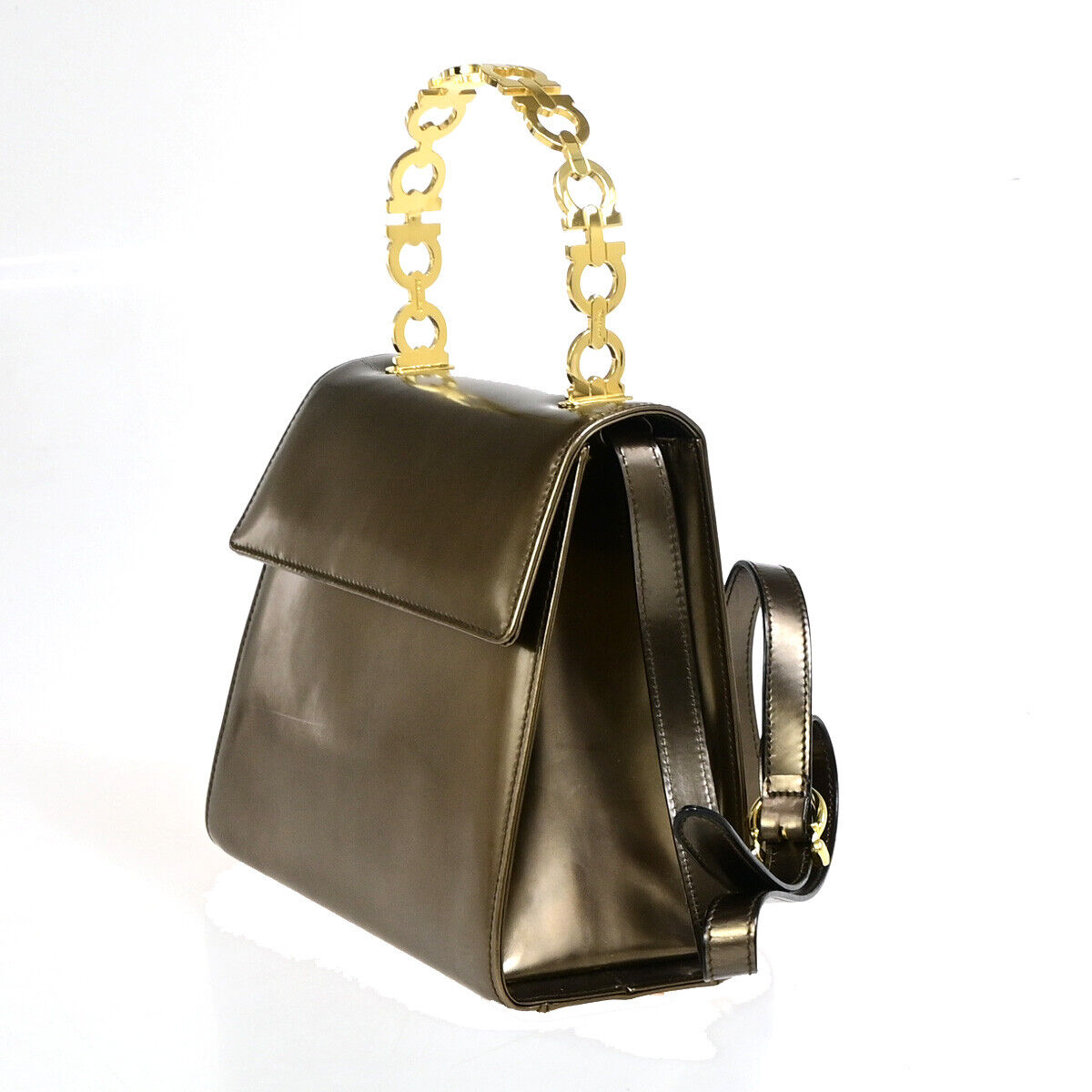 SALVATORE FERRAGAMO Gancini 2Way Shoulder Hand Bag Leather Bronze GHW 81YF996