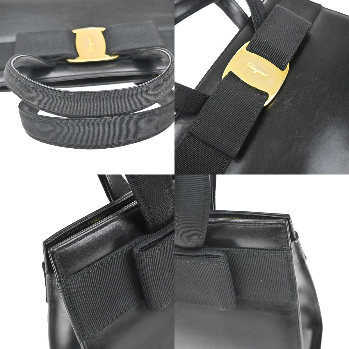 SALVATORE FERRAGAMO Logo Vara Hand Bag Leather Canvas Black GHW Italy 62KB114