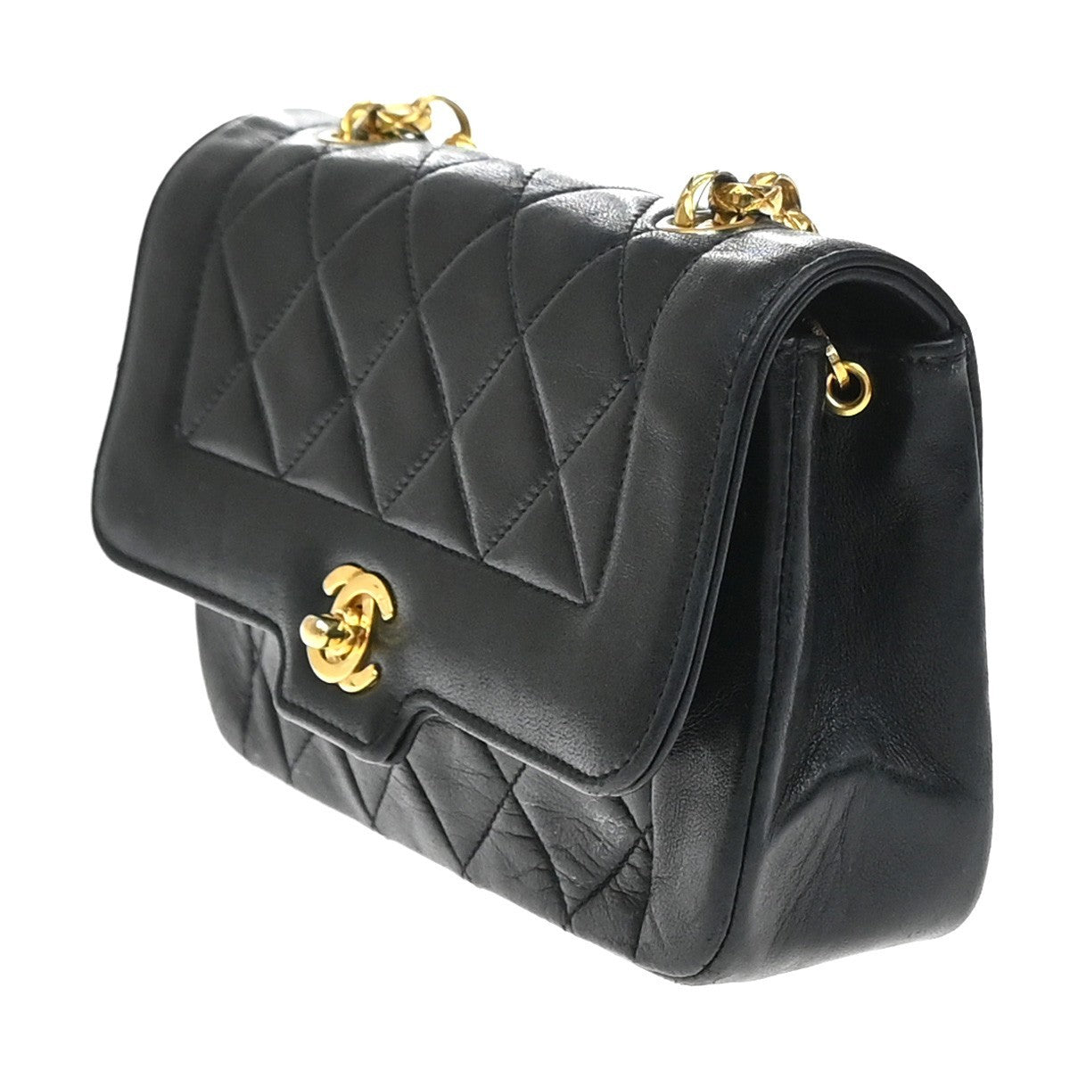 CHANEL Mini Diana Matelasse Chain Shoulder Bag Leather Black Vintage 359RP169