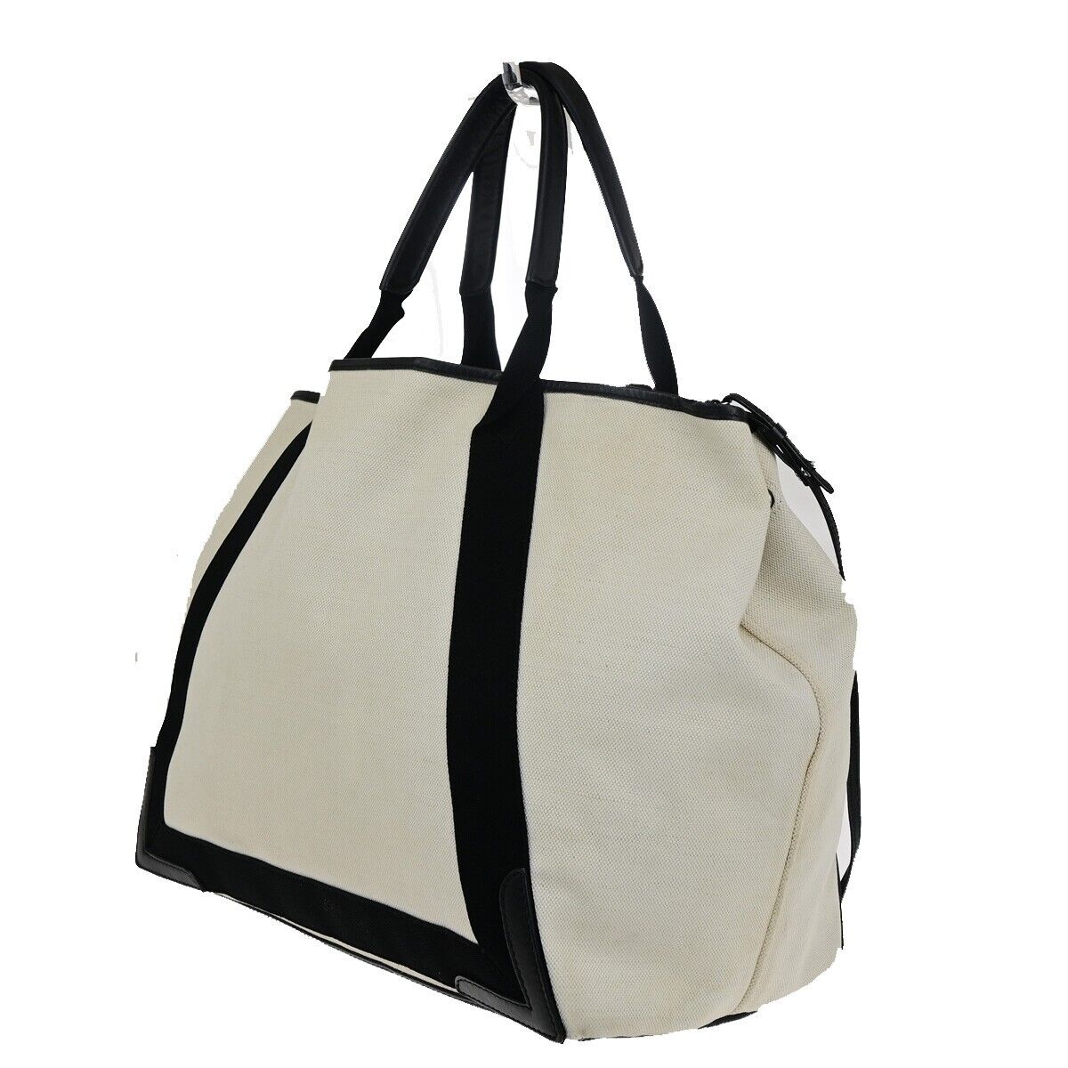 BALENCIAGA Navy Cabas M Shoulder Hand Bag Canvas Leather Ivory Black 37FB060