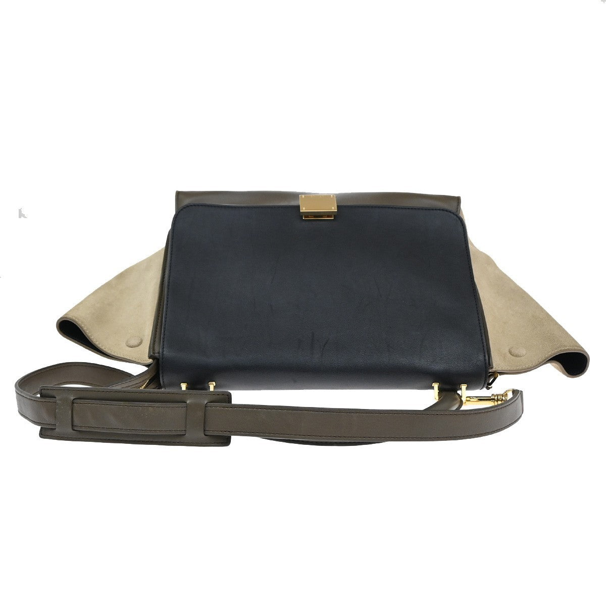 CELINE Trapeze Tricolor 2way Shoulder Hand Bag Leather Suede Khaki Beige 70KB559