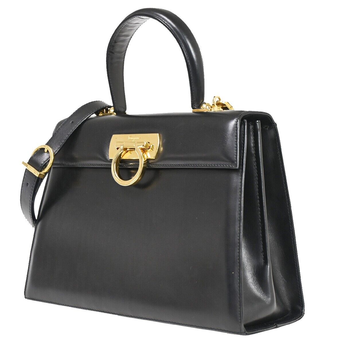 SALVATORE FERRAGAMO 2Way Gancini Shoulder Hand Bag Leather Black Gold 77SH468