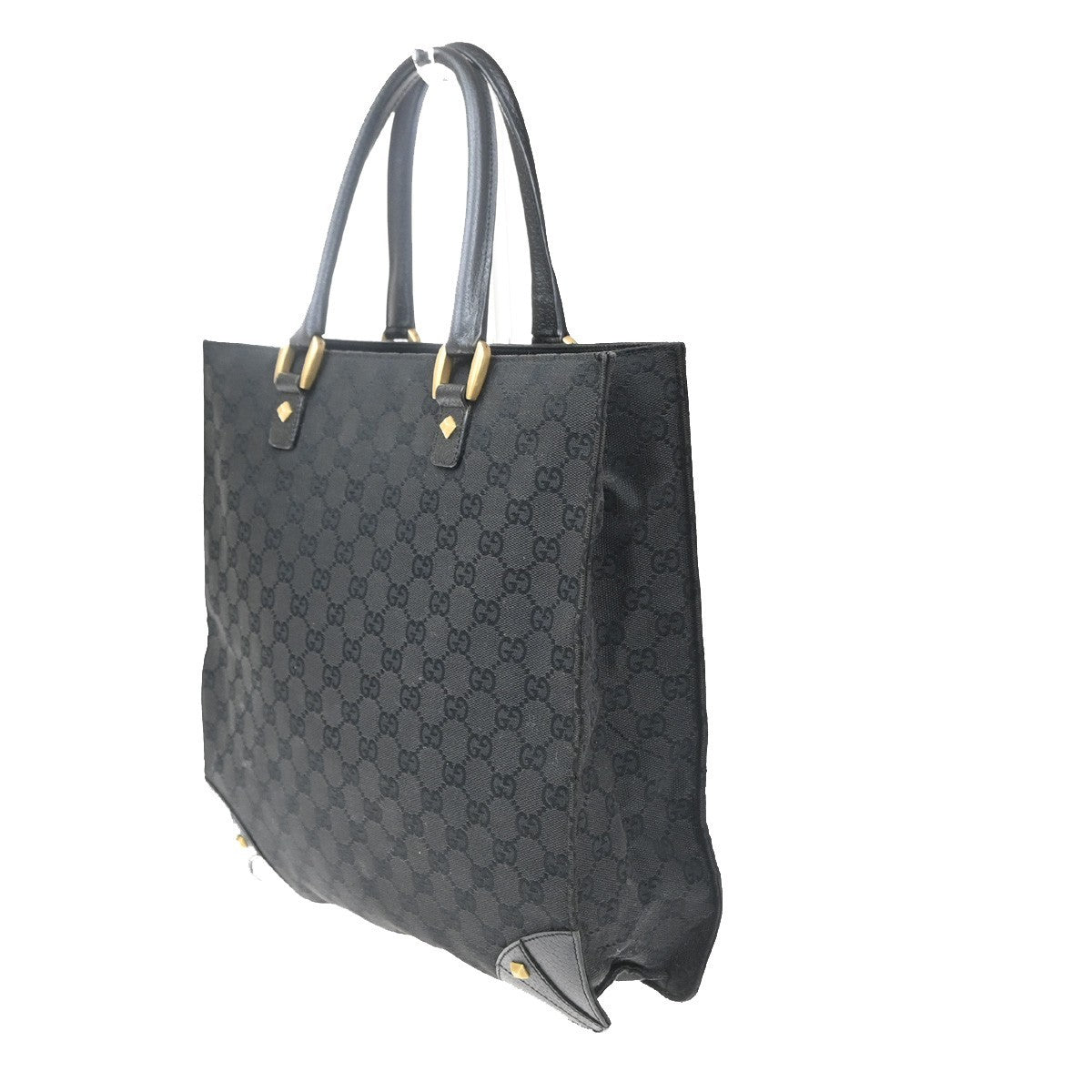 Gucci GG  Pattern Nailhead Tote Hand Bag Black Canvas Leather Italy 31SA080
