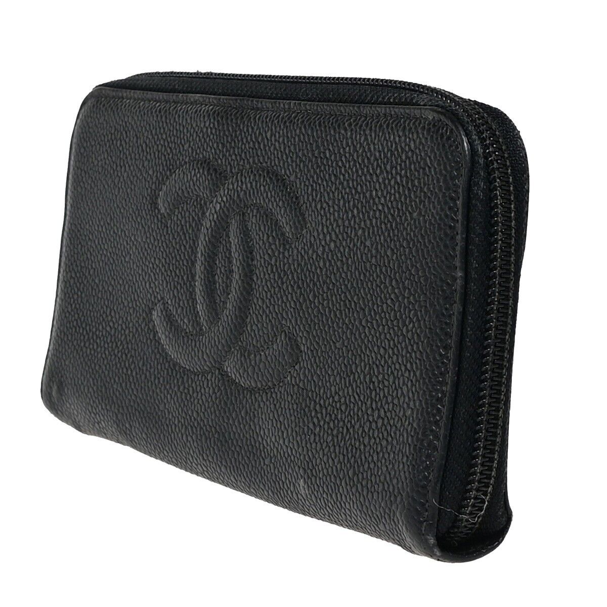 CHANEL CC Long Zip Around  Wallet Purse Caviar Skin Leather Black GHW 04FA616
