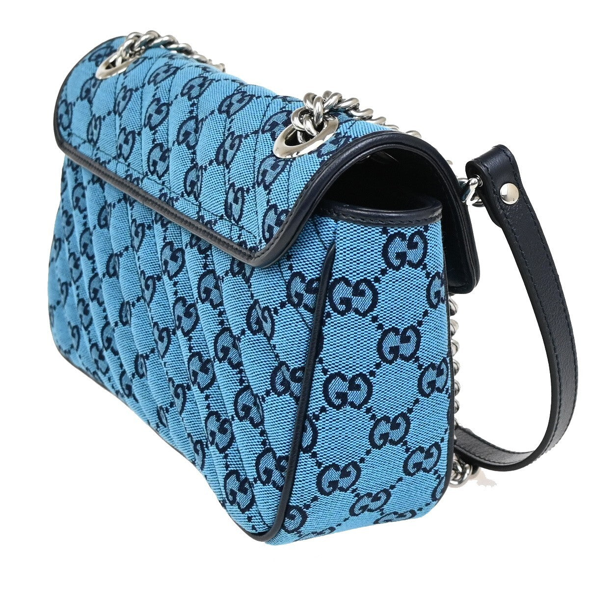 GUCCI GG Pattern Marmont Chain Shoulder Bag Canvas Leather Blue SHW 631RF272