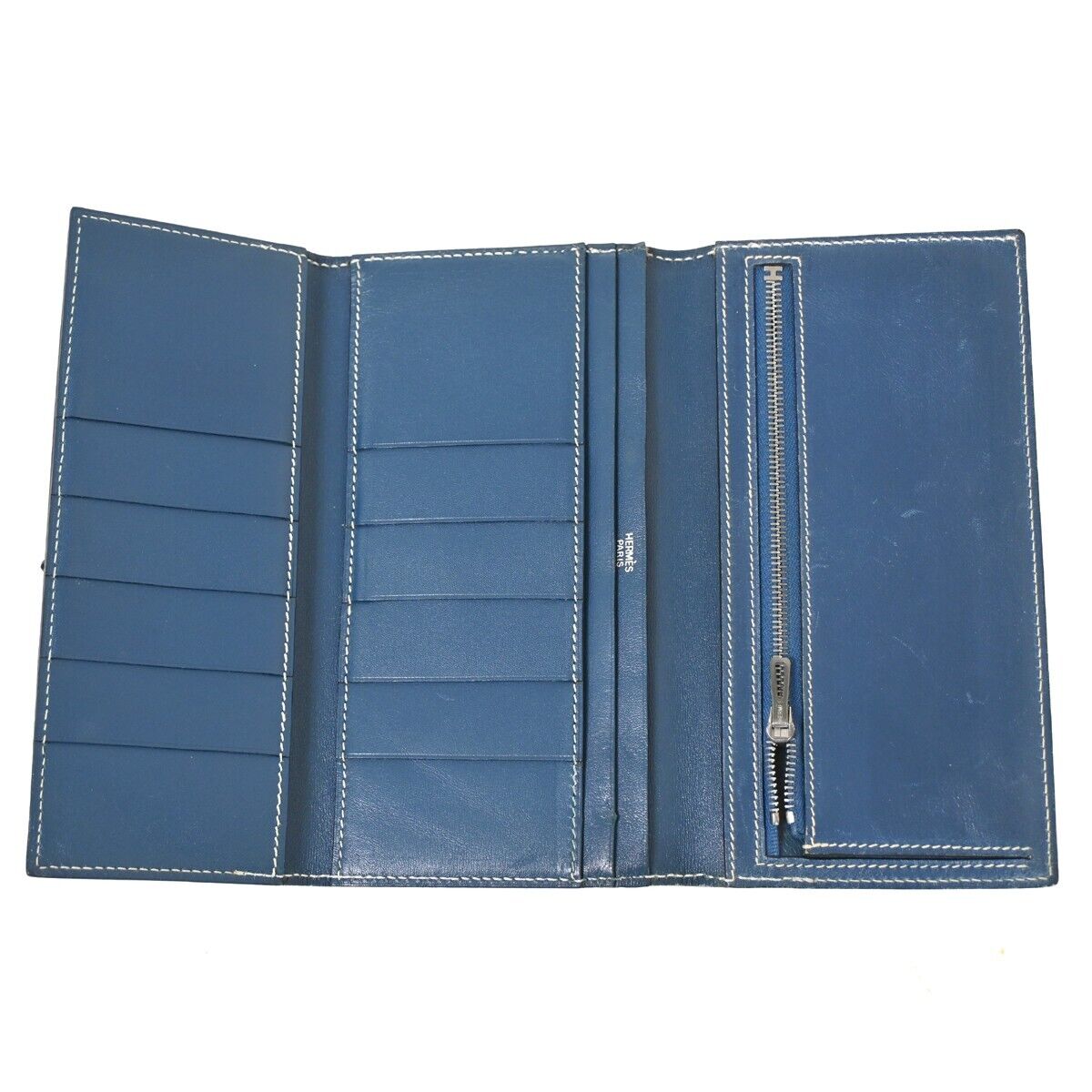 HERMES H Logo Bearn Long Trifold Wallet Purse ▢H Box Calf Leather Blue 82HB258