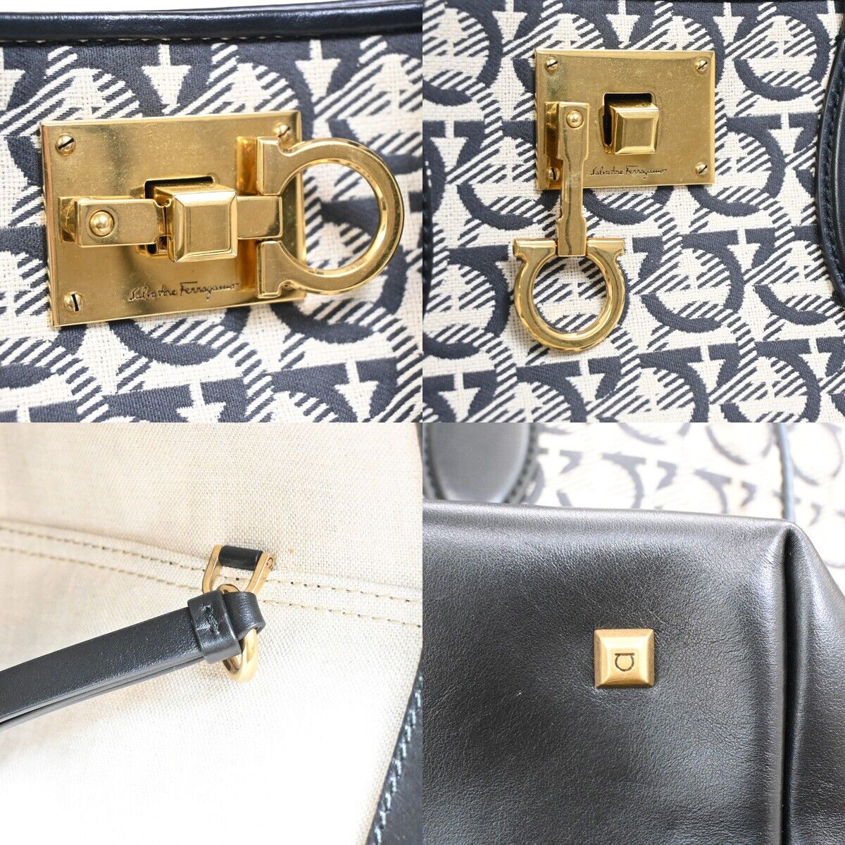 SALVATORE FERRAGAMO Gancini Shoulder Tote Bag Canvas Leather Black Gold 35SH764