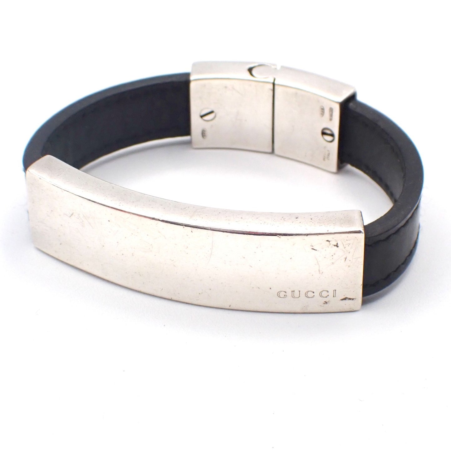 GUCCI Logo Bar Bracelet Bangle Leather Metal Black Silver925 Italy 01CA779