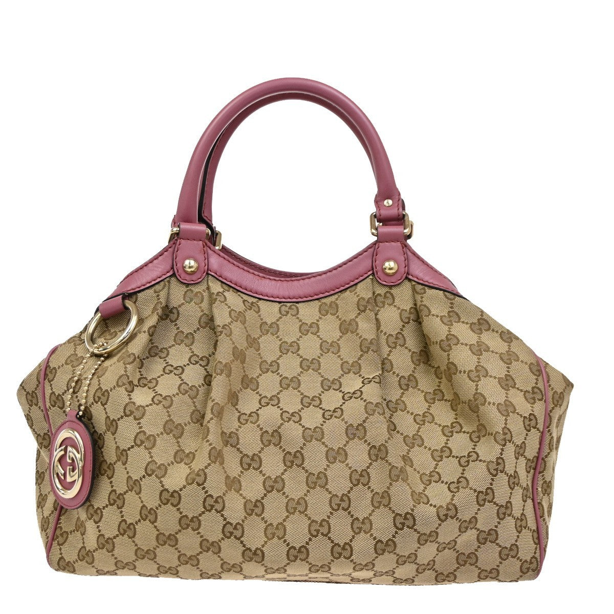 GUCCI GG Pattern Sukey Shoulder Bag Charm Canvas Leather Beige Pink GHW 82DA256