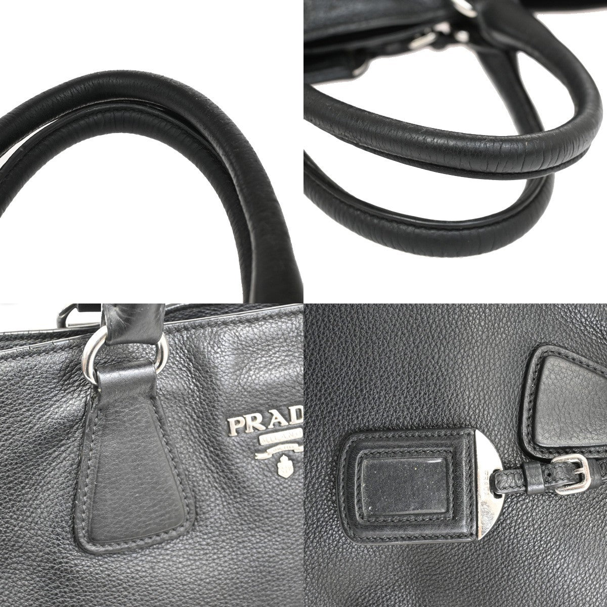 PRADA Logo Side zipper Hand Tote Bag Pebbled leather Black SHW 87TA115