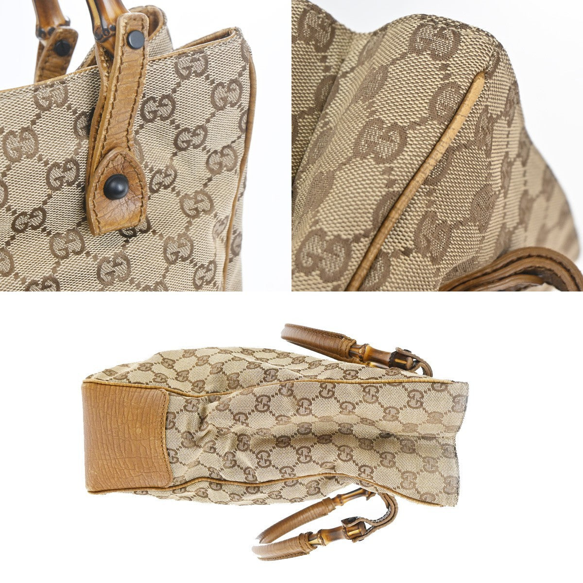 GUCCI Logo GG Pattern Hand Tote Bag Bamboo Canvas Leather Beige Italy 64KC879