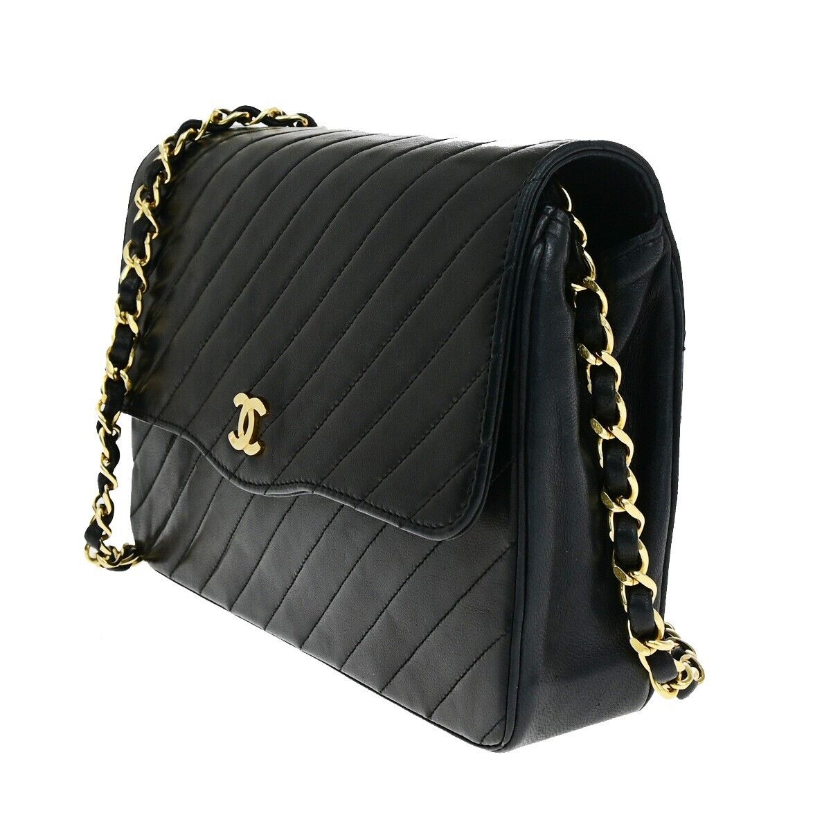 CHANEL CC Bias Stitch Chain Shoulder Bag Leather Black GHW Vintage 645RF150