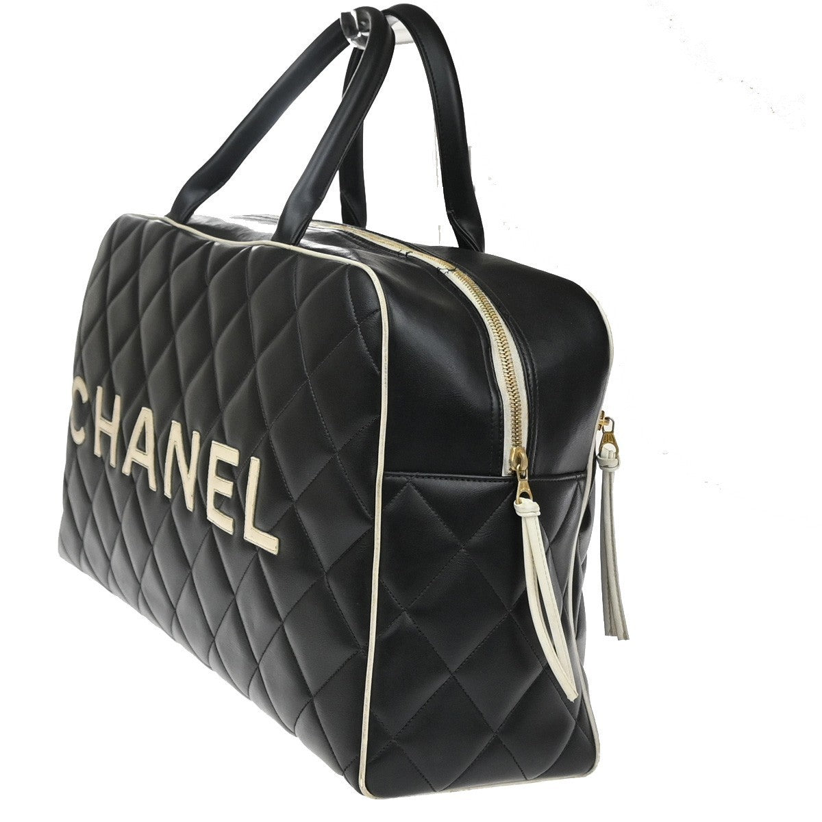 CHANEL Logo Matelasse Travel Boston Hand Bag Leather Black France 338RQ053