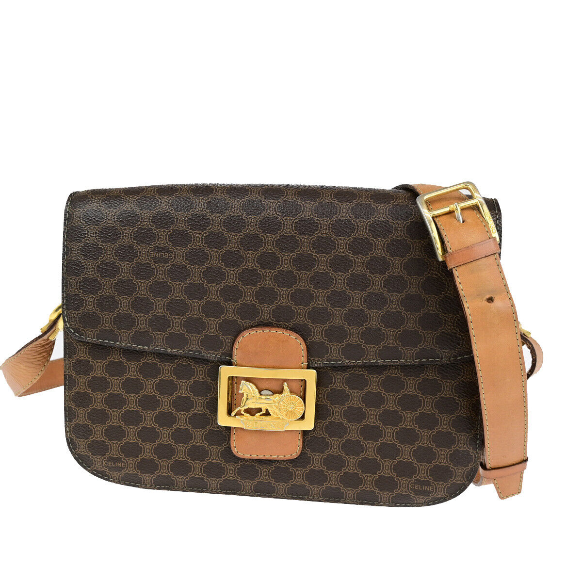 CELINE Macadam Pattern Horse Carriage Shoulder Bag PVC Leather Brown GHW 98YG603