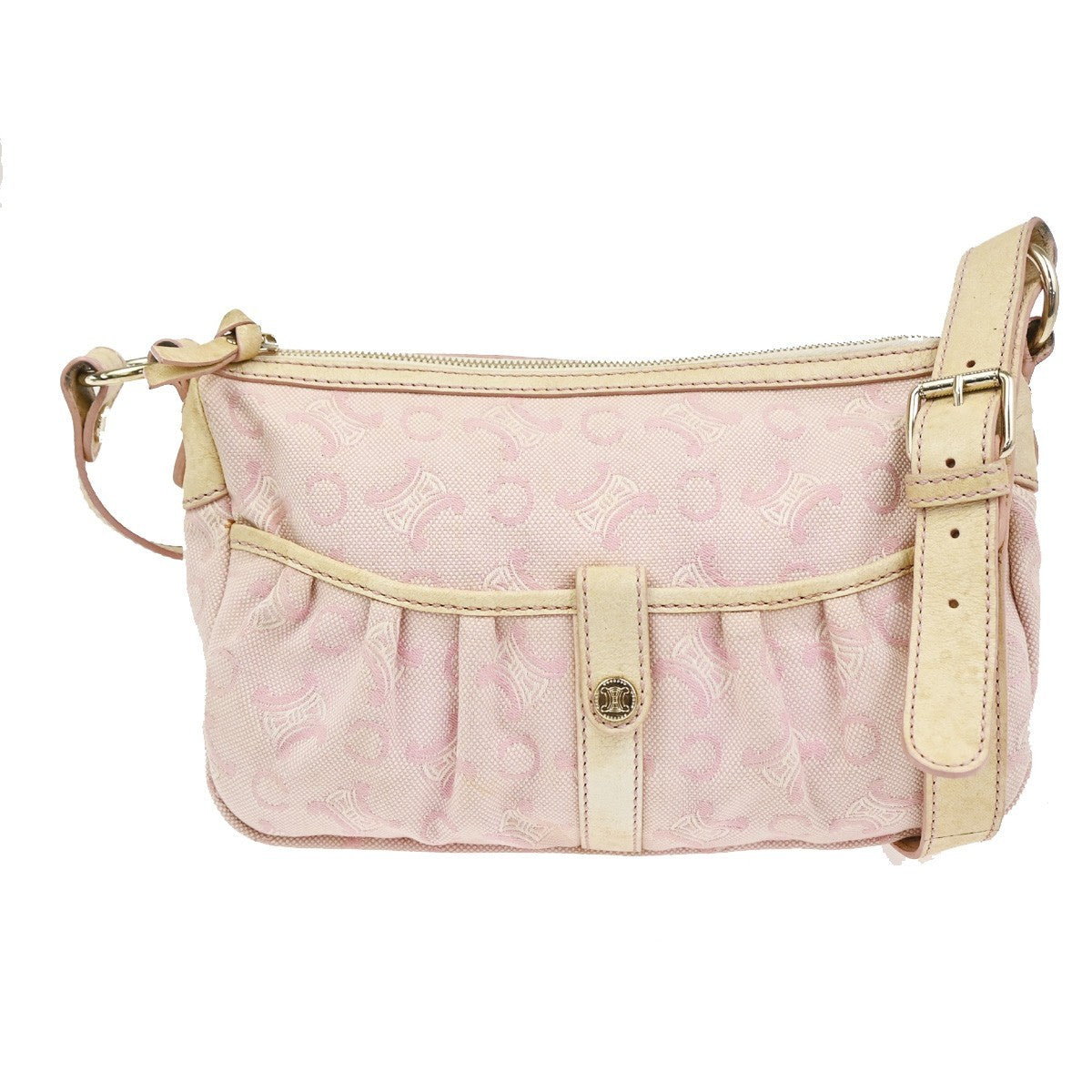 CELINE Logo C Macadam Shoulder Bag Canvas Leather Beige Pink GHW 63ZA180