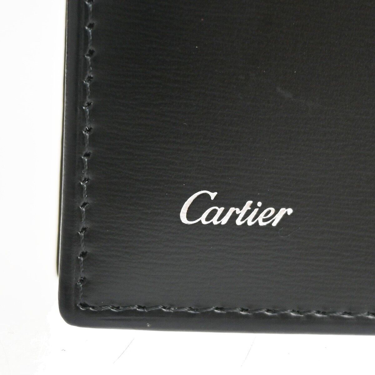 CARTIER 2C Logo Bifold Wallet Purse Leather Black Silver Made in France 69GA852