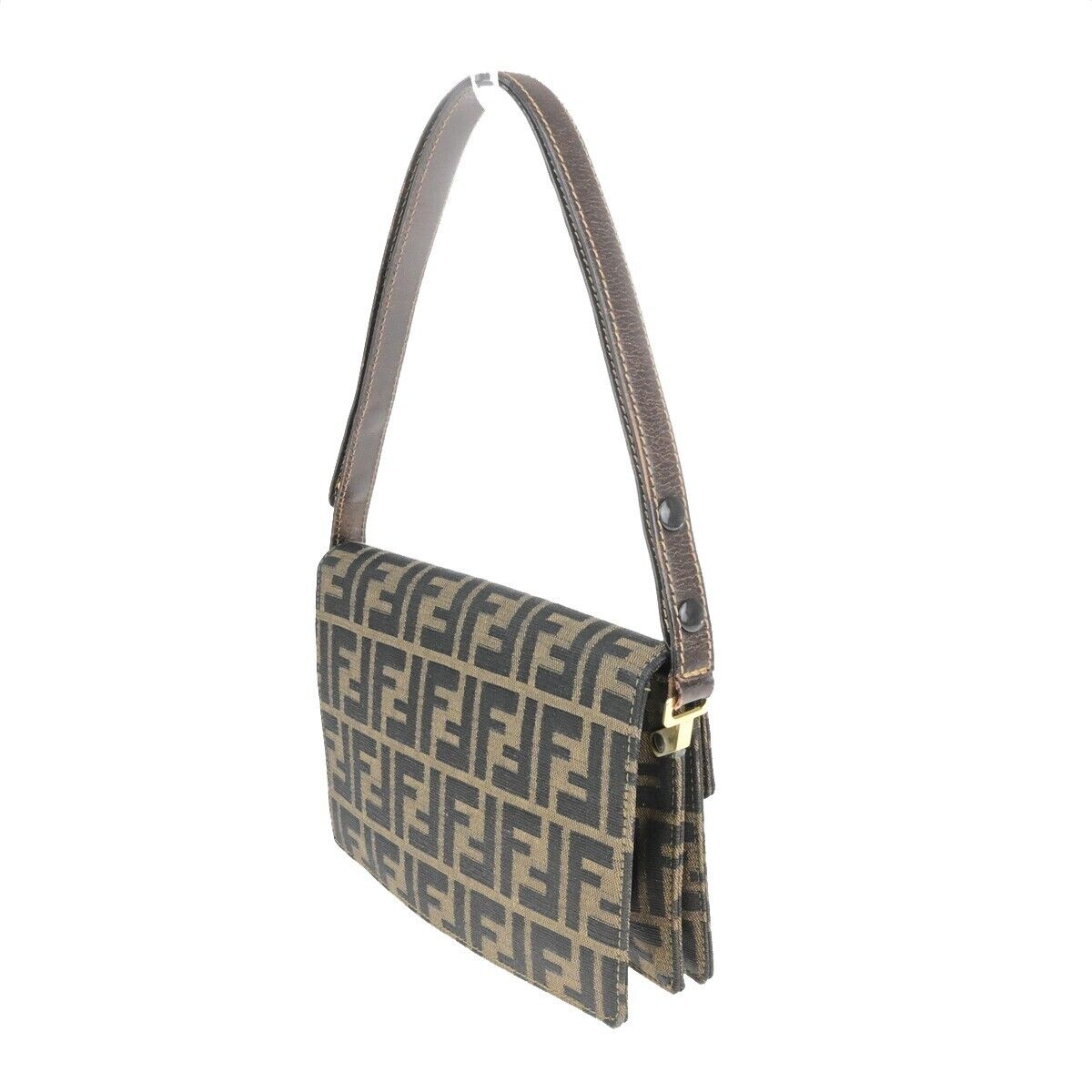 FENDI Logo Zucca Pattern Shoulder Bag Canvas Leather Brown GHW Italy 79ED281
