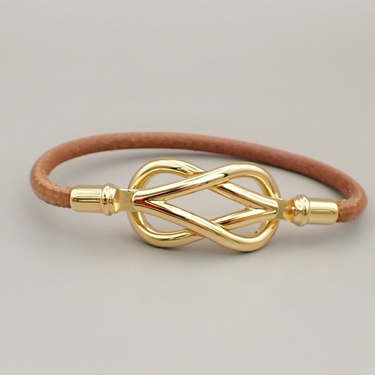 HERMES Logo Jumbo Hook Bracelet Leather Brown Gold Accessory 04ED436