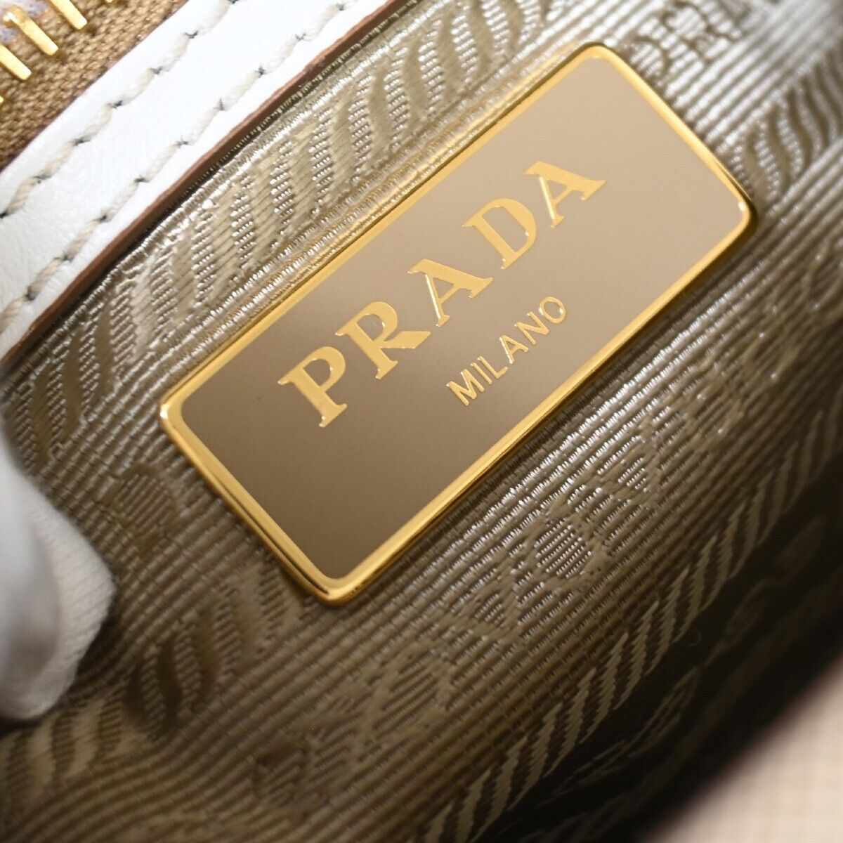 PRADA MILANO Logo Jacquard Shoulder Bag Canvas Leather Brown White Gold 50RJ741