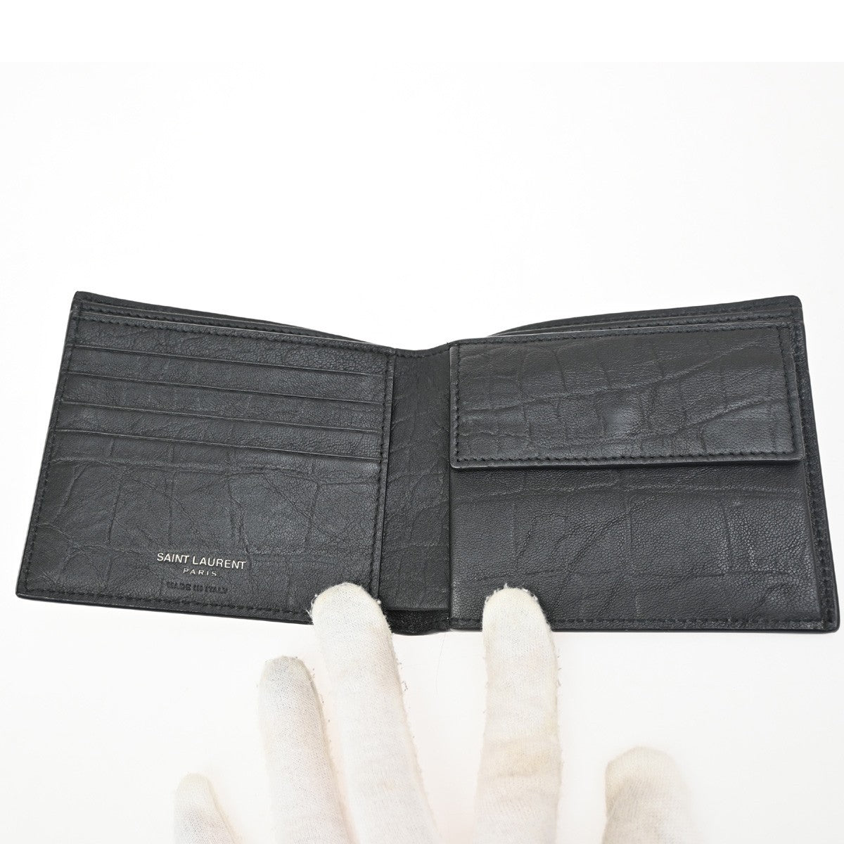 SAINT LAURENT YSL Logo Bifold Compact Wallet Embossing Leather BK Italy 84RL530