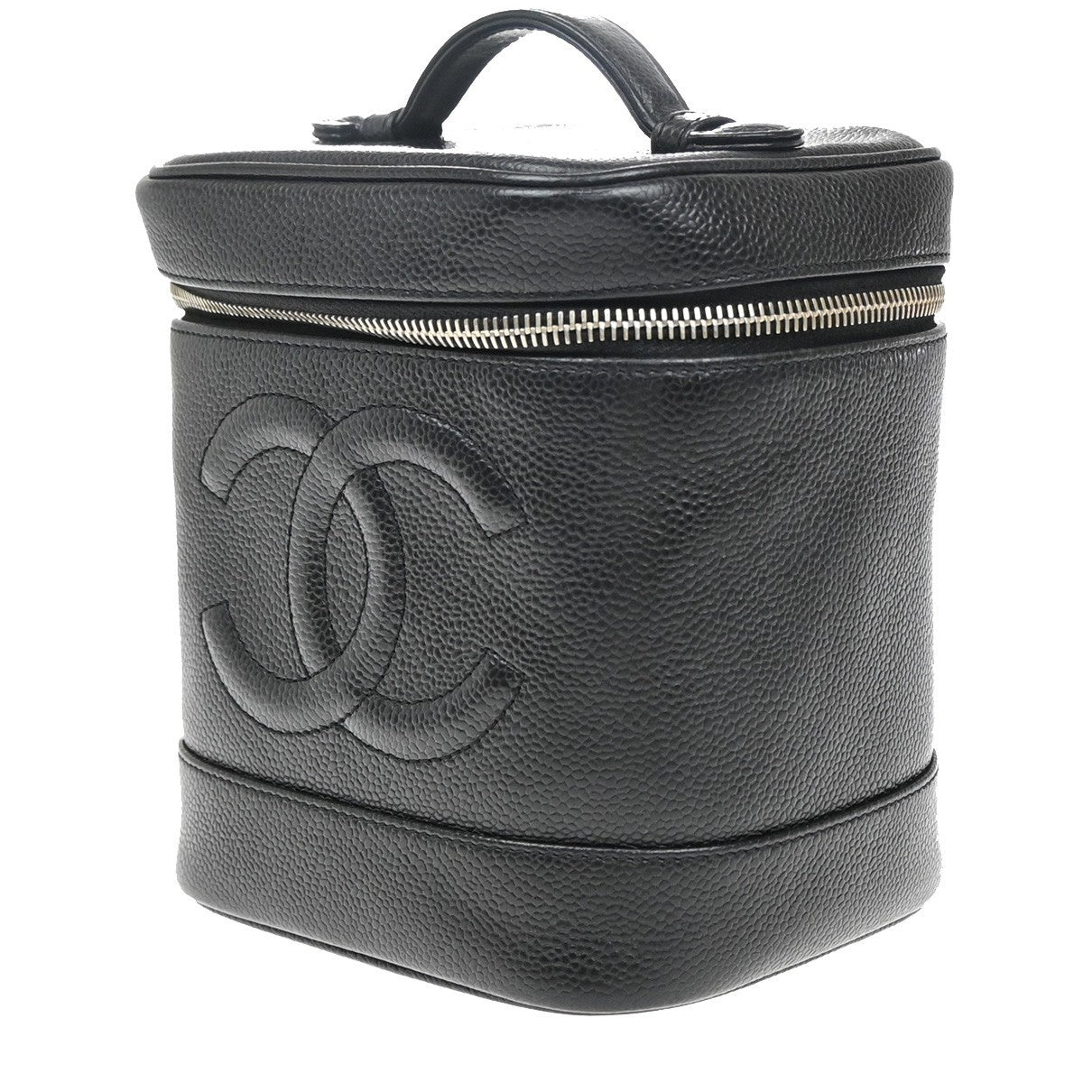 CHANEL CC Vanity Cosmetic Hand Bag Grained Calfskin Leather Black GHW 50RF685