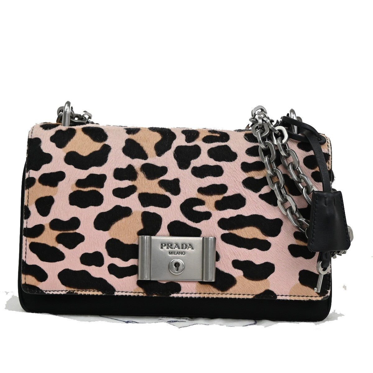 PRADA MILANO Leopard Chain Shoulder Bag Hair on Leather Nylon Black Pink 99KC004