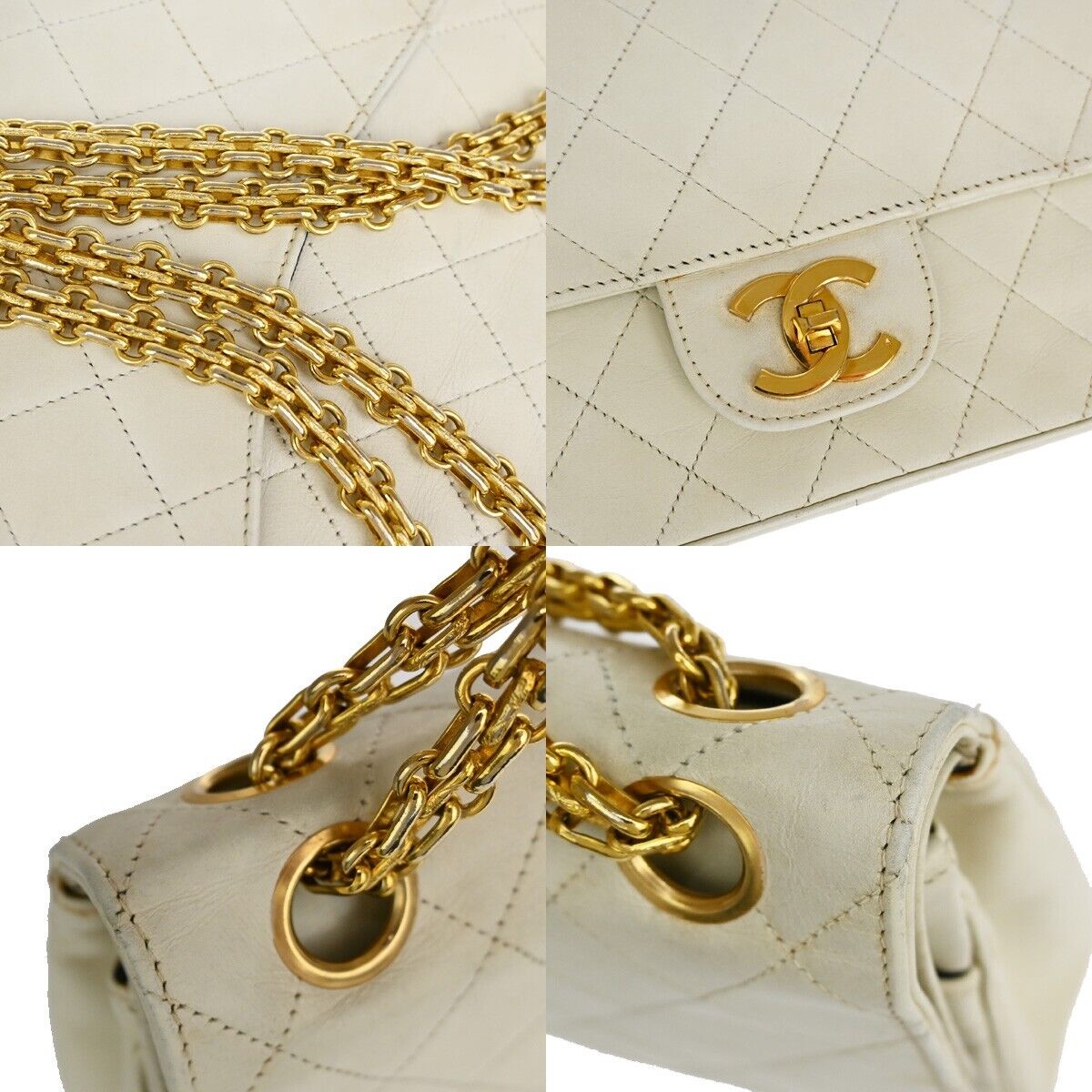 CHANEL CC Matelasse 25 Double Flap Chain Shoulder Bag Leather White GHW 636RJ391