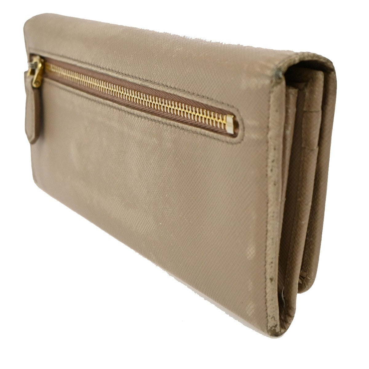 PRADA Logo Long Bi-Fold Wallet Saffiano Leather Beige Gold Italy 01TA298