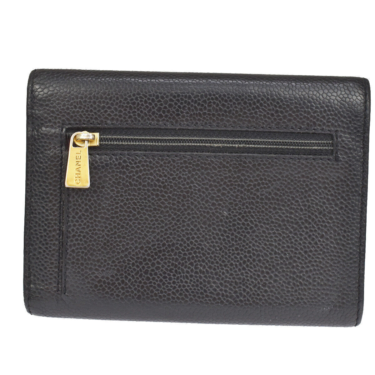 CHANEL CC Logo Trifold Wallet Purse Caviar Skin Leather Black Italy 30YB628