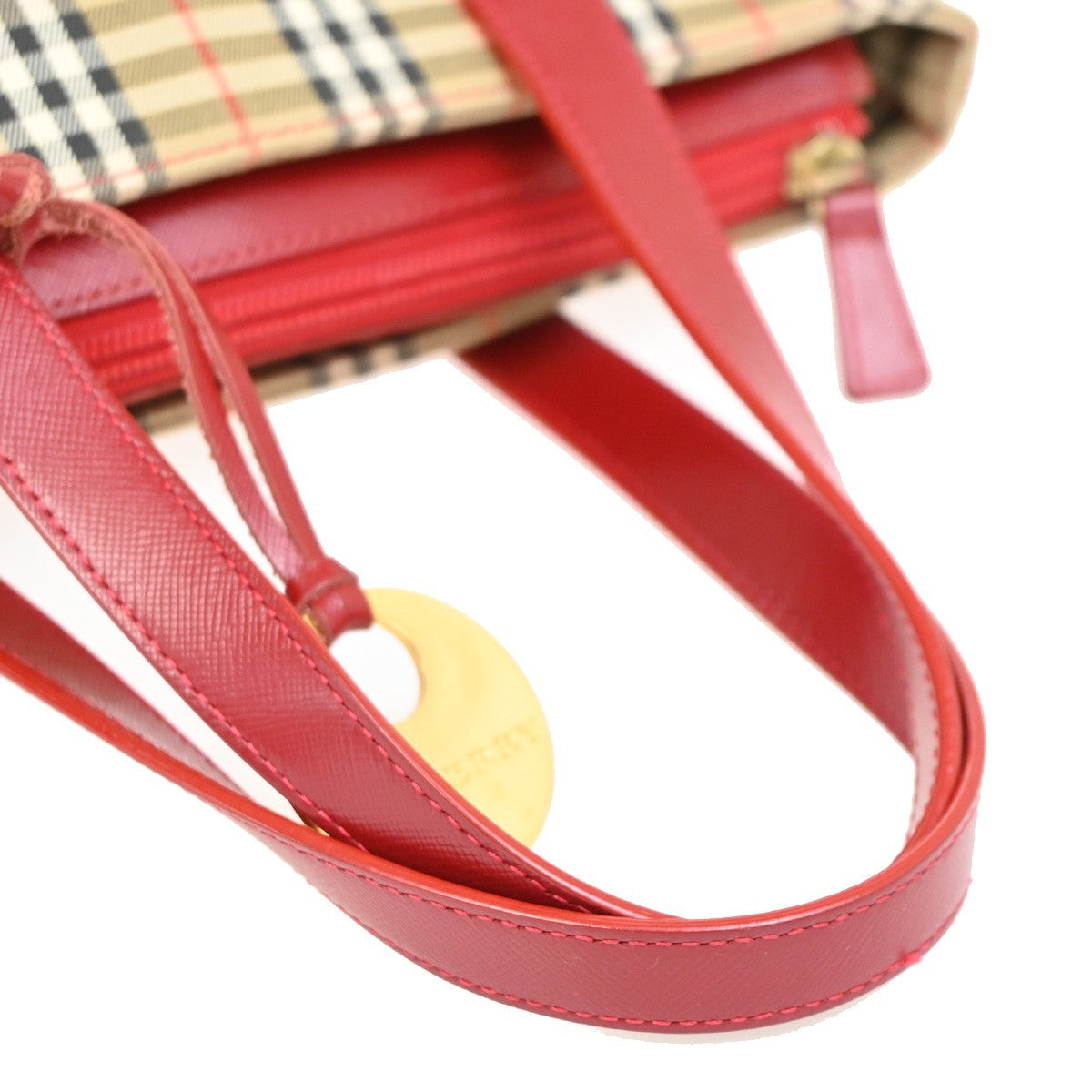 BURBERRY Logo Handbag Canvas Leather Beige Red Charm Gold 32RL572