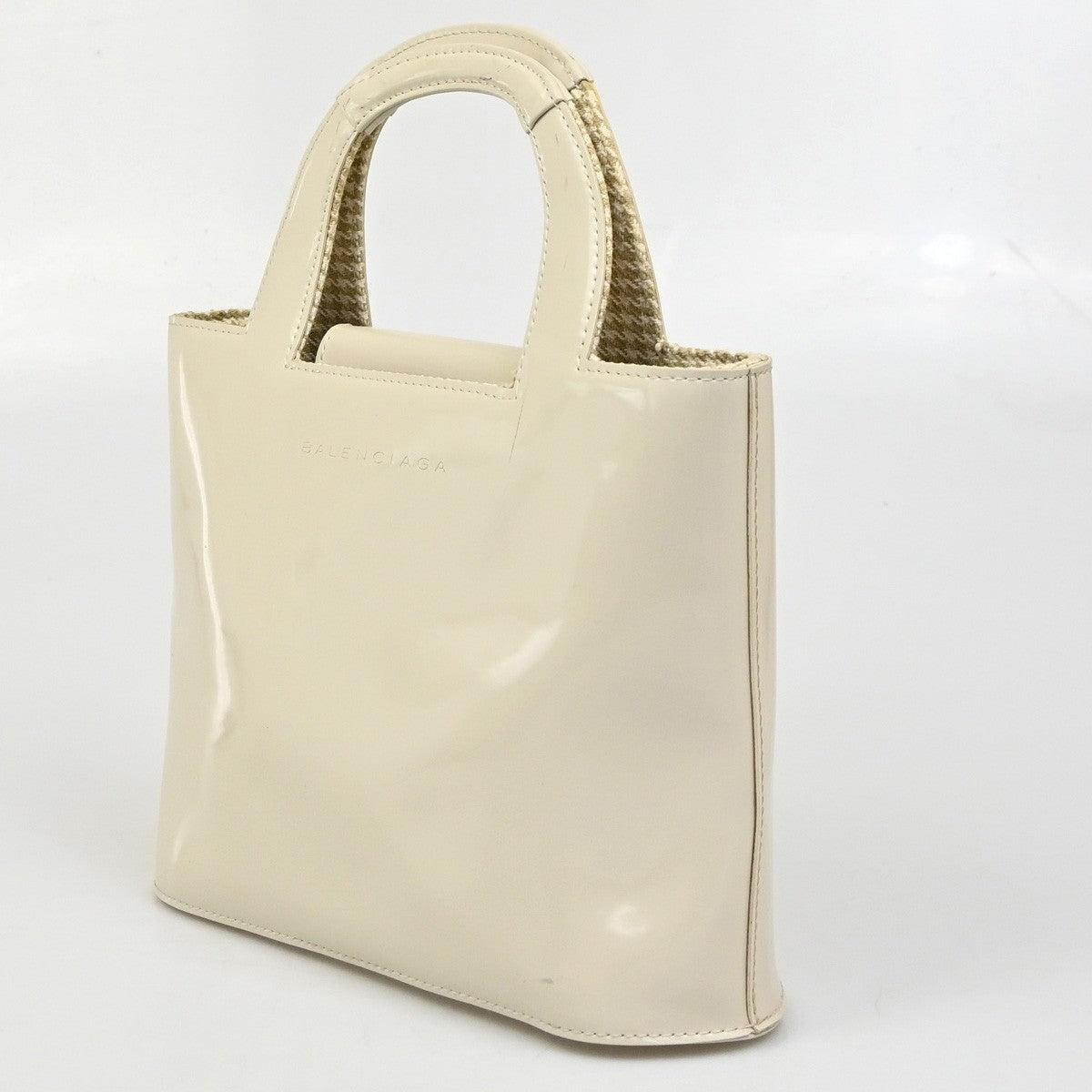 BALENCIAGA Logo Women Mini Hand Bag Patent Leather White Ivory 02ZA250