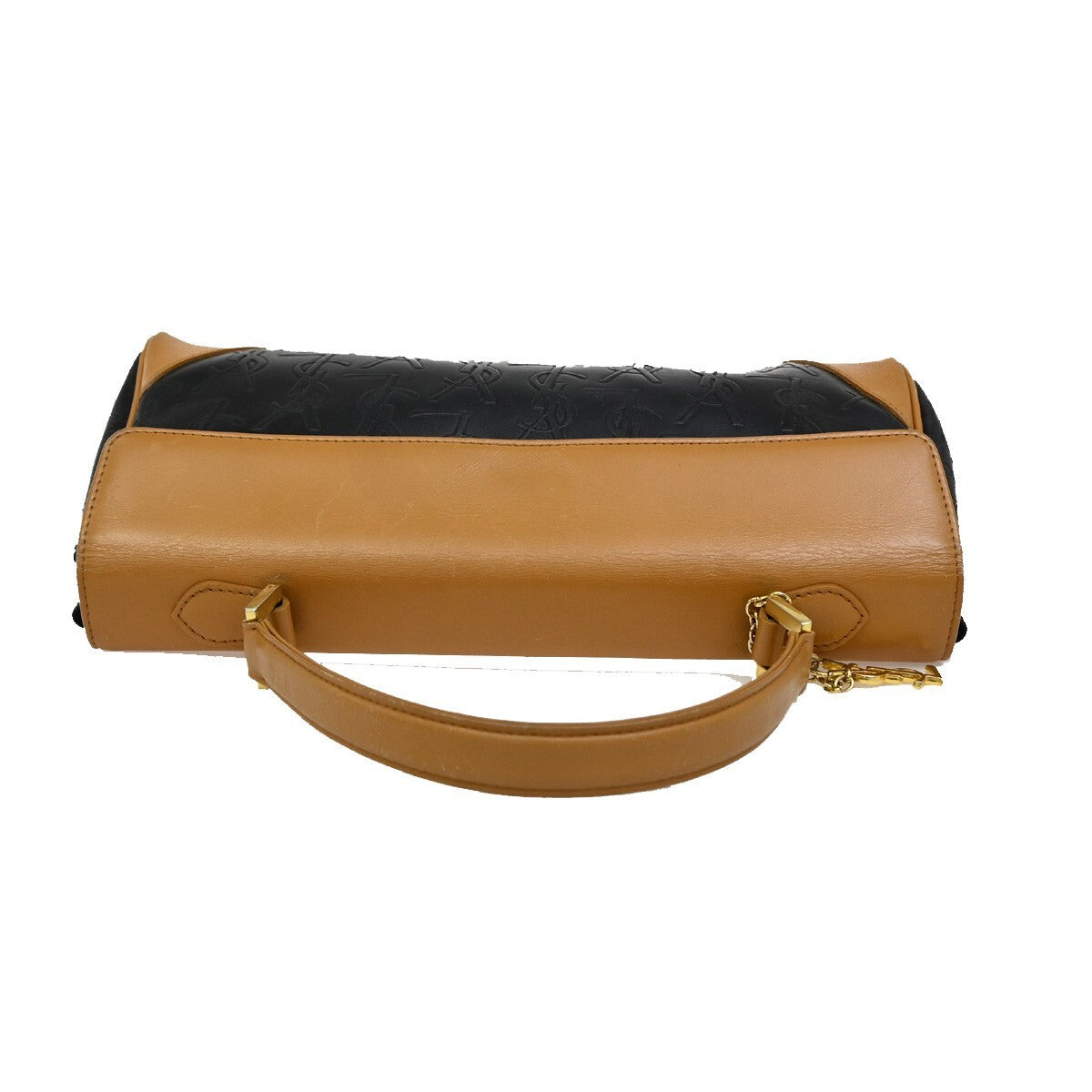 YVES SAINT LAURENT YSL Logo Hand Bag PVC Leather Black Brown Gold 03EE380