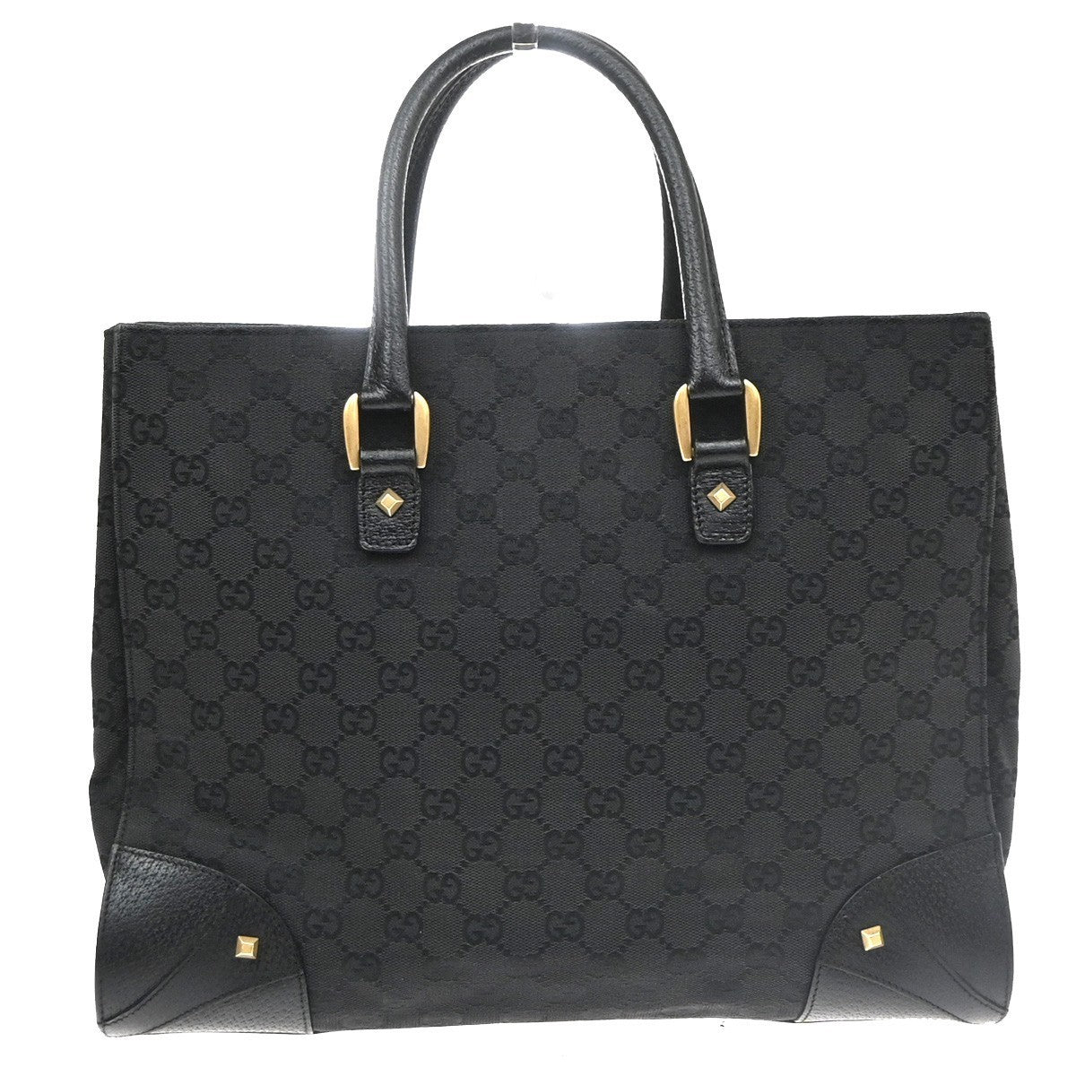 Gucci GG  Pattern Nailhead Tote Hand Bag Black Canvas Leather Italy 84SA156