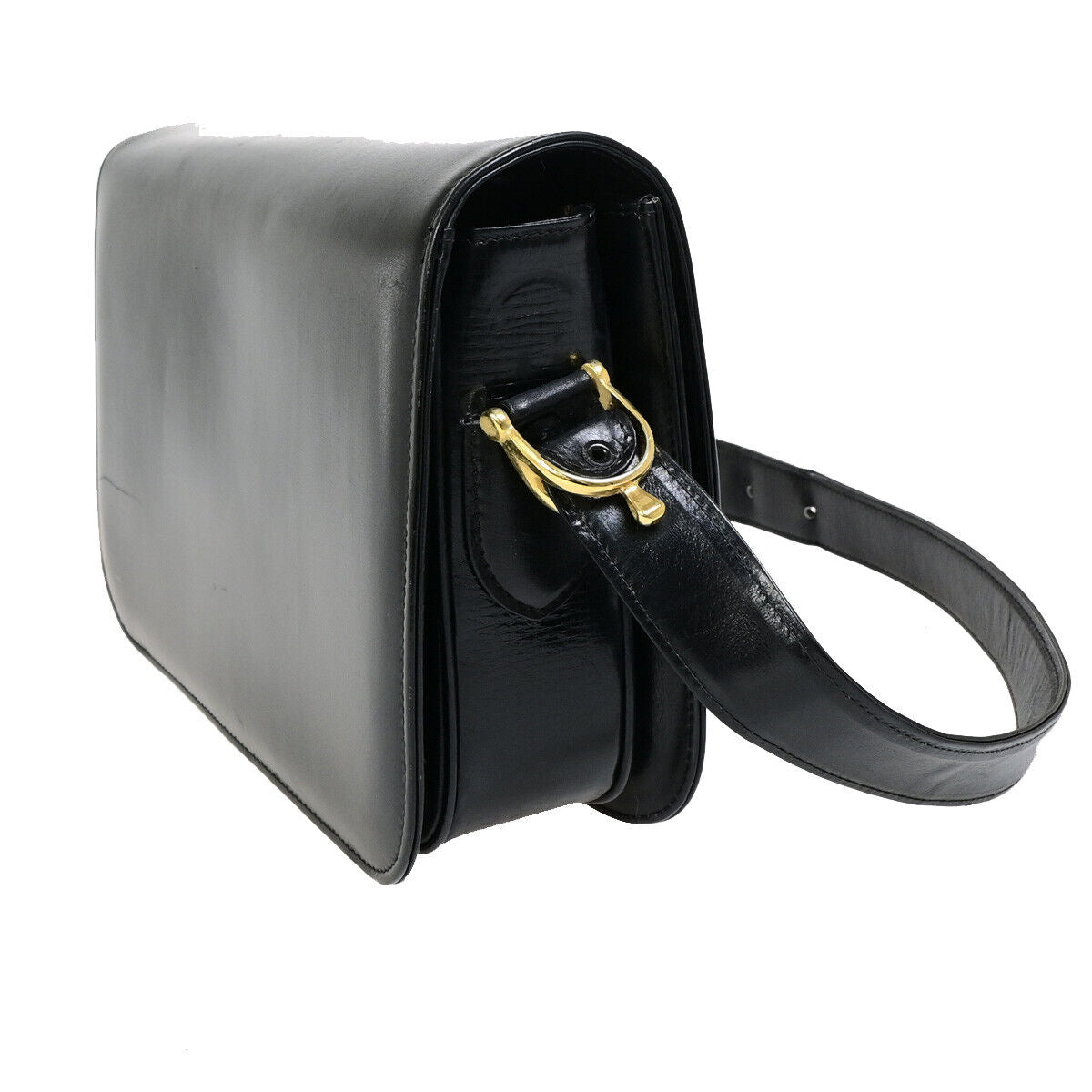 CELINE Logo Horse Carriage Shoulder Bag Leather Black GHW Italy 63YG344