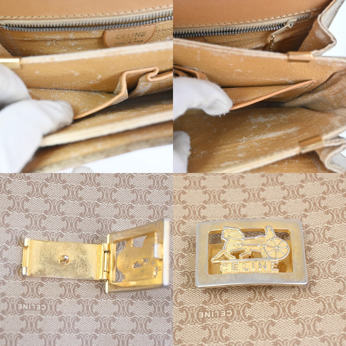 CELINE Logo Horse Carriage Macadam Shoulder Bag PVC Leather Beige GHW 30KC949