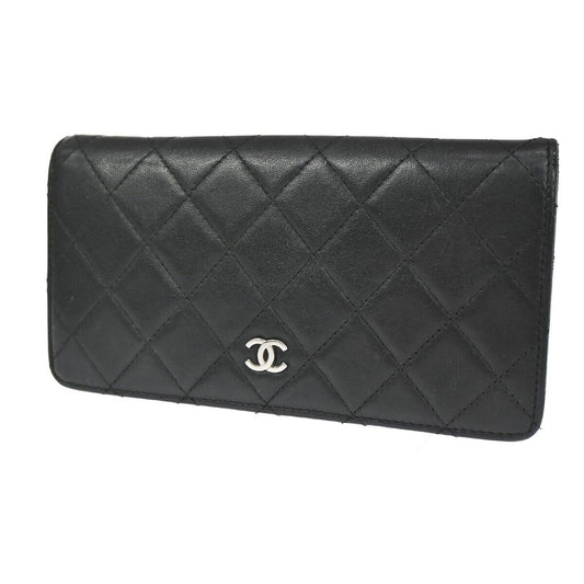 CHANEL CC Logo Matelasse Bifold Long Wallet Purse Leather Black France 64FA065