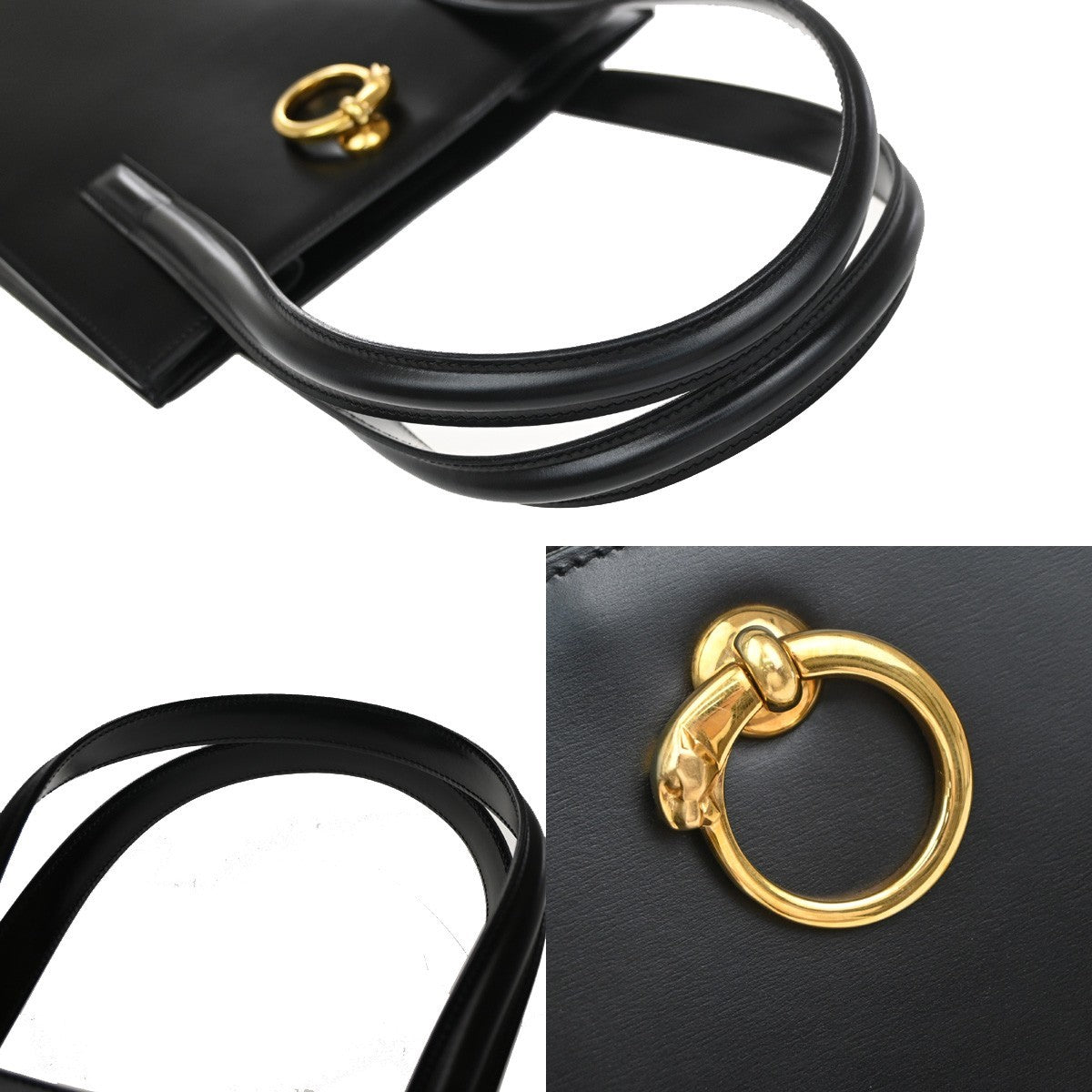 CARTIER Logo Panther Shoulder Hand Bag Leather Black GHW Made In Italy 34KP211