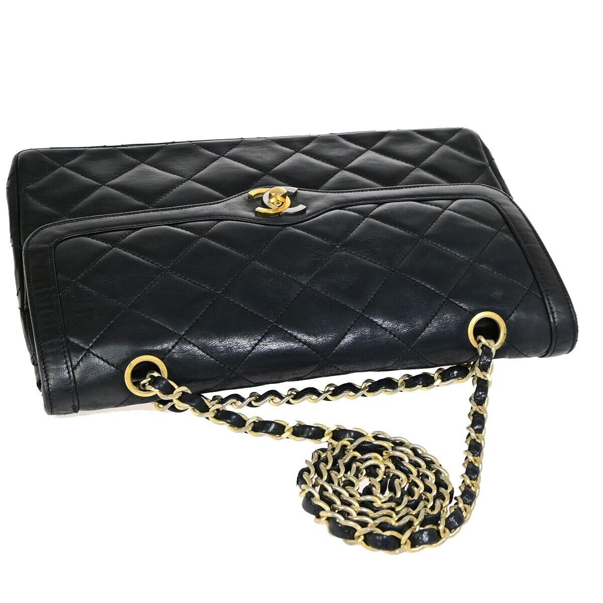 CHANEL CC Matelasse Paris Double Flap Chain Shoulder Bag Leather Black 644RF154