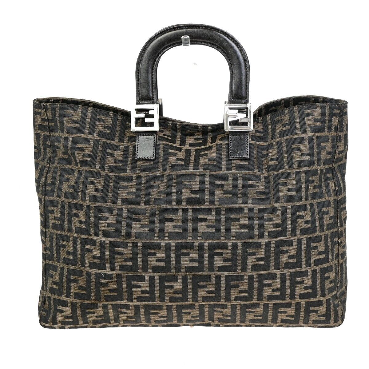 FENDI Logo Zucca Pattern Hand Tote Bag Canvas Leather Brown Silver Italy 98RF206