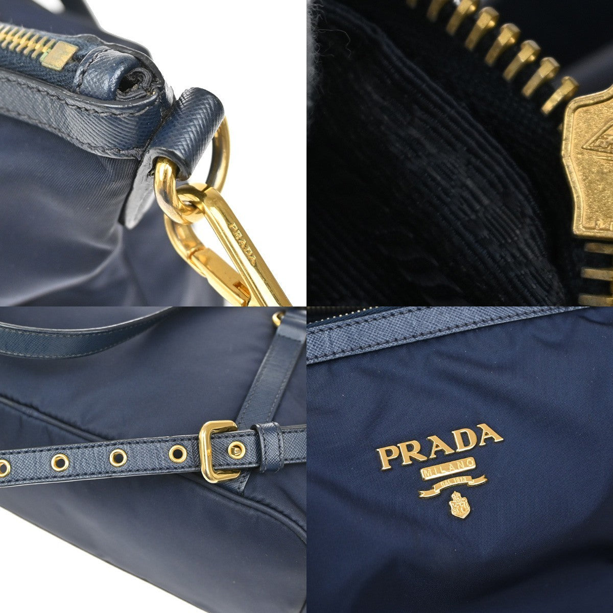 PRADA Logo 2Way Shoulder Hand Bag Nylon Leather Navy Blue GHW 1BG253 79KB502