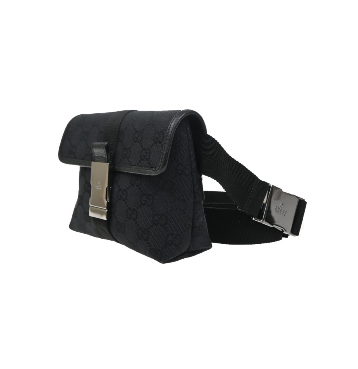 GUCCI Logo GG Pattern Mini Bum Bag Canvas Leather Black SHW Italy 85MA664