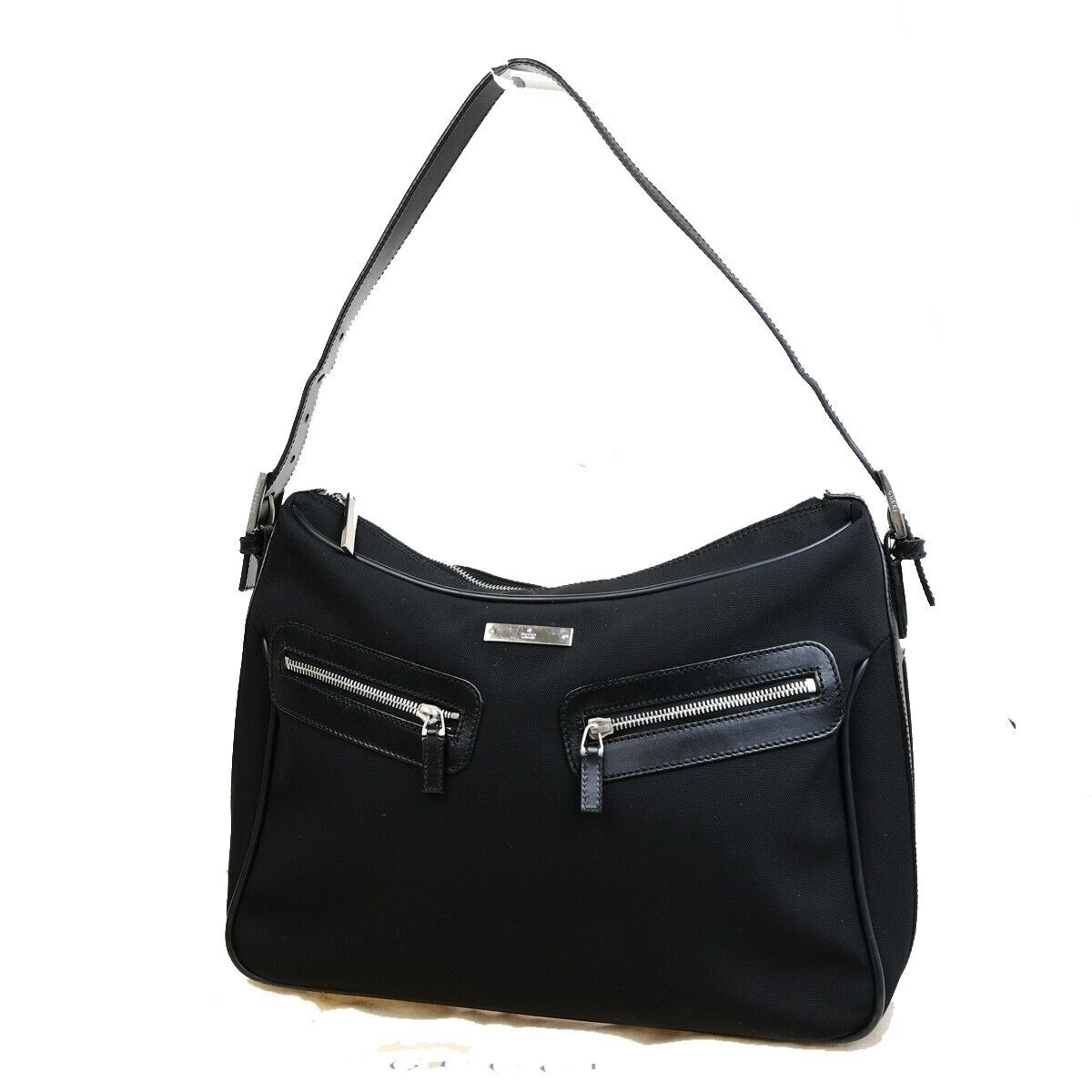 GUCCI Logo Double Pockets Shoulder Bag Nylon Leather Black SHW Italy 31FB352