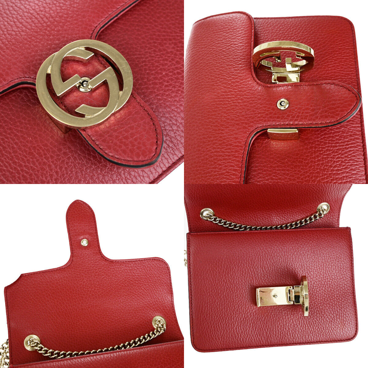 GUCCI Logo Interlocking G Mini Chain Shoulder Bag Leather Red GHW Italy 93YF653