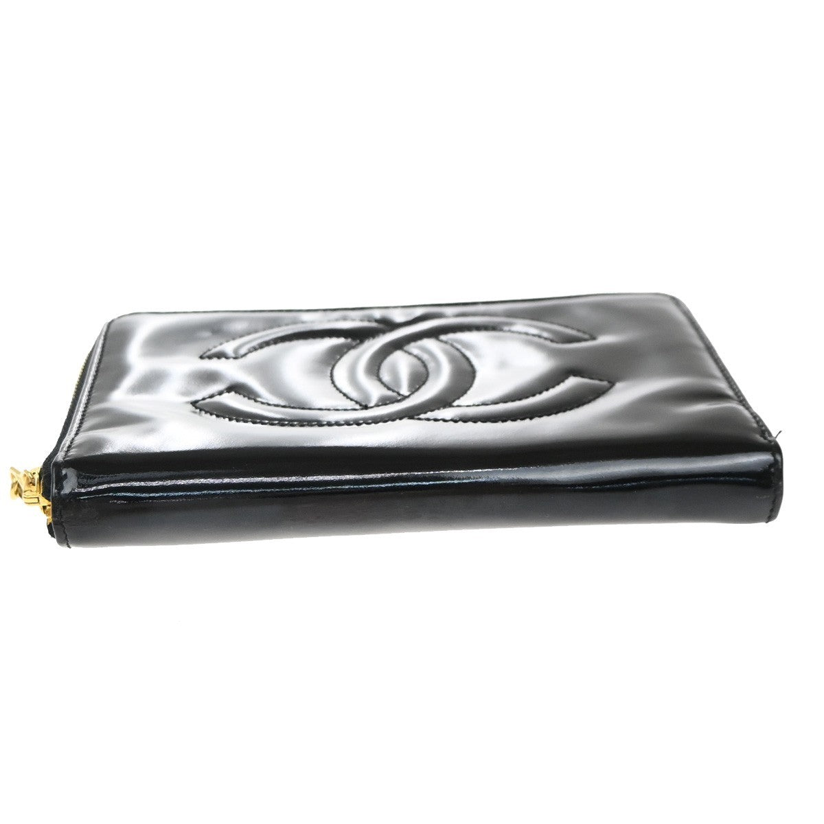 CHANEL CC Logo Zipper Around Wallet Patent Leather Black Italy Vintage 05EG064